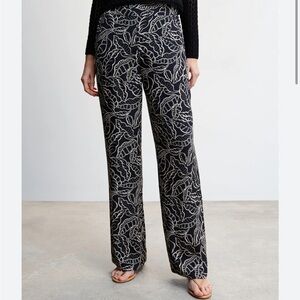 Mango Black and White Floral Leaf Patterned Wide Leg Pants